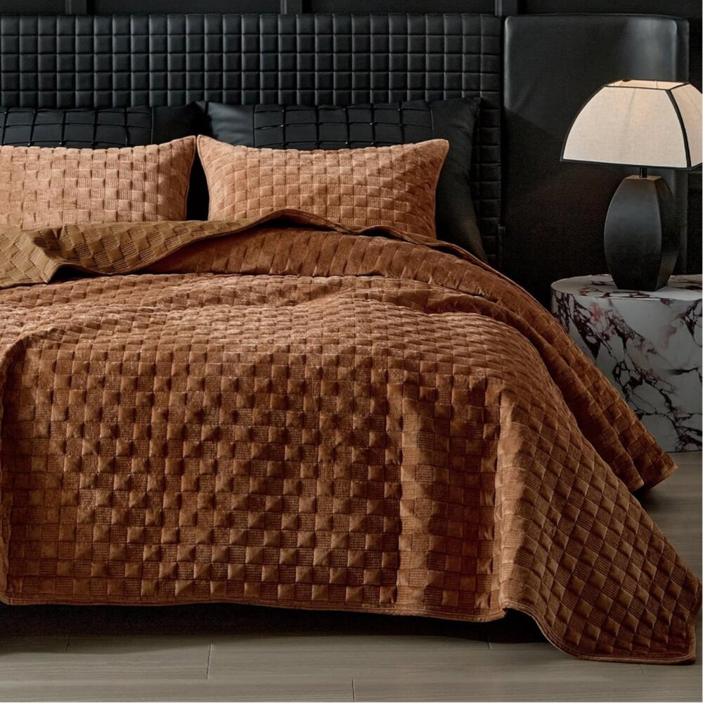 Velvet Quilt Set Terracotta Copper Brown‎ Textured Modern Luxury Bedding